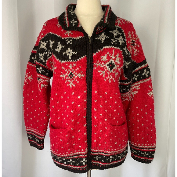 Paititi Woolens Co Full Zip Sweater Size Medium Red Fair Isle Alaska Chunky Knit - Picture 1 of 16